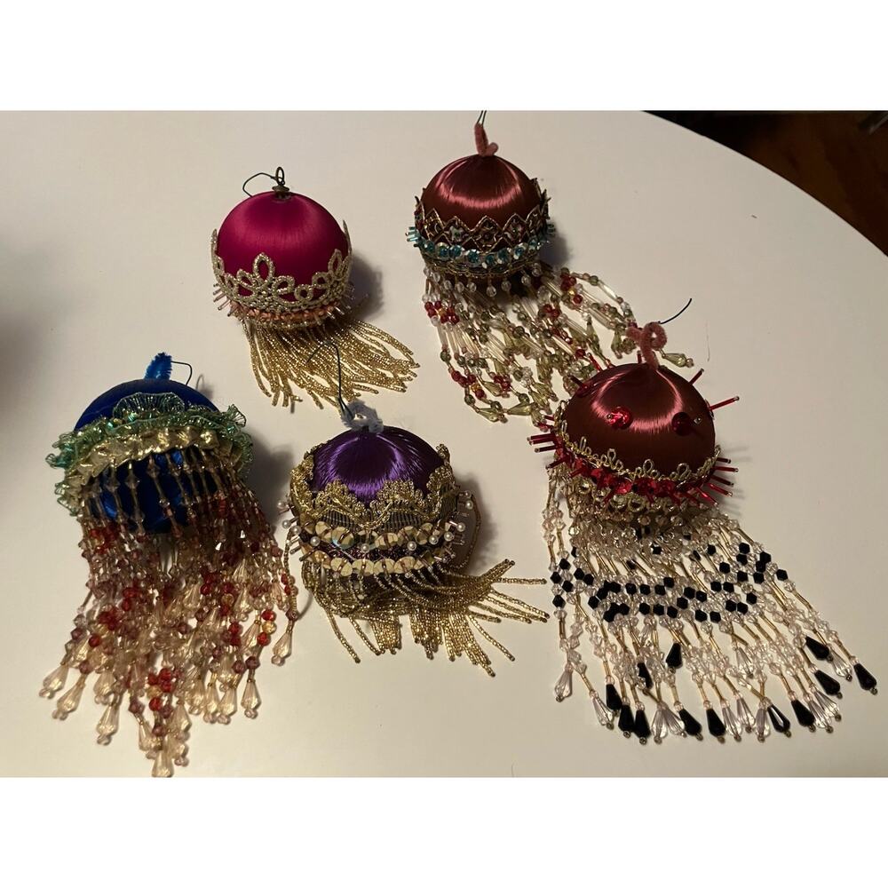 Lot of 5: Vintage Pushpin Satin Christmas Ornaments Handmade Beaded Boho Groovy